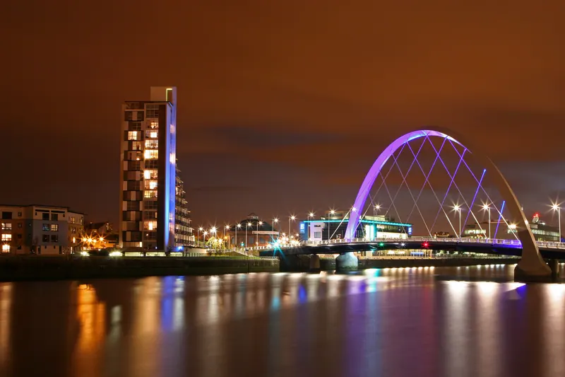 The illuminated Clyde Arc in Glasgow