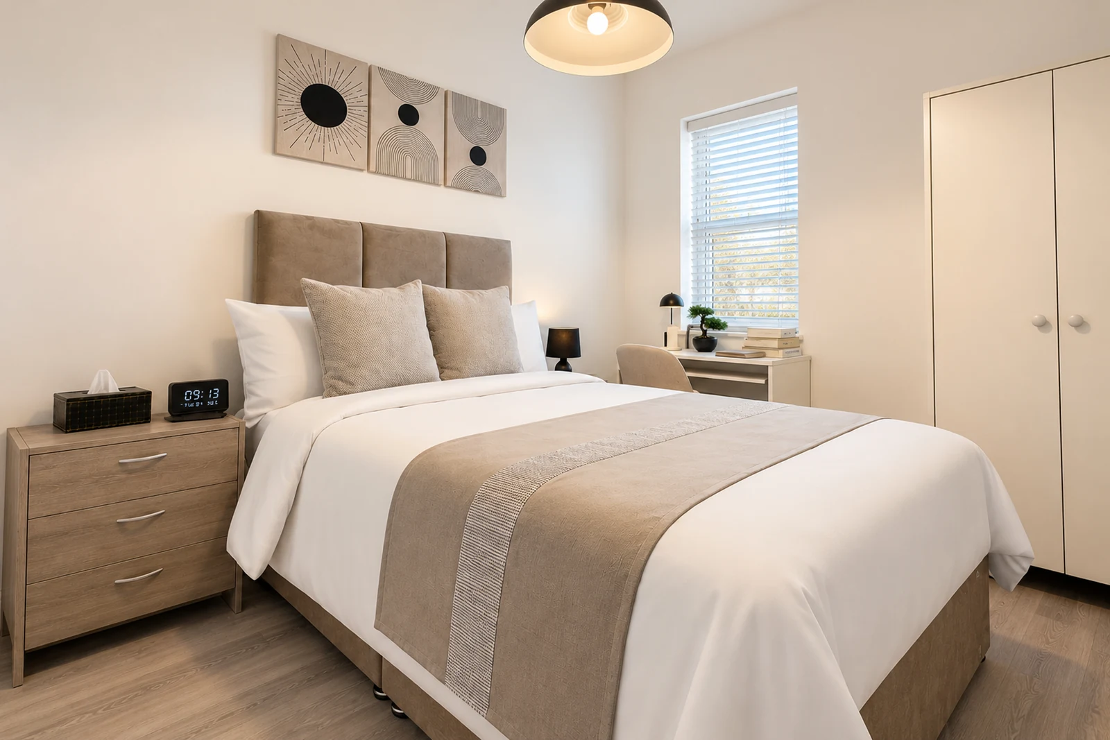 Room 2: a ground-floor retreat for one guest, with a queen bed, private en-suite and fast Wi-Fi.