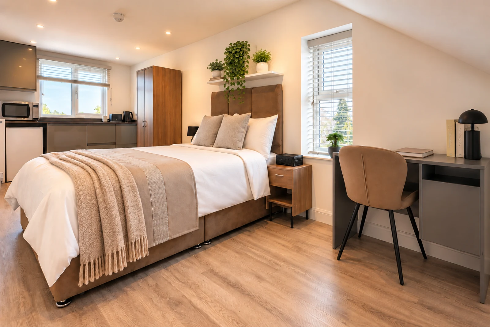 Room 5’s bedroom, desk and private kitchenette together in one comfortable space.