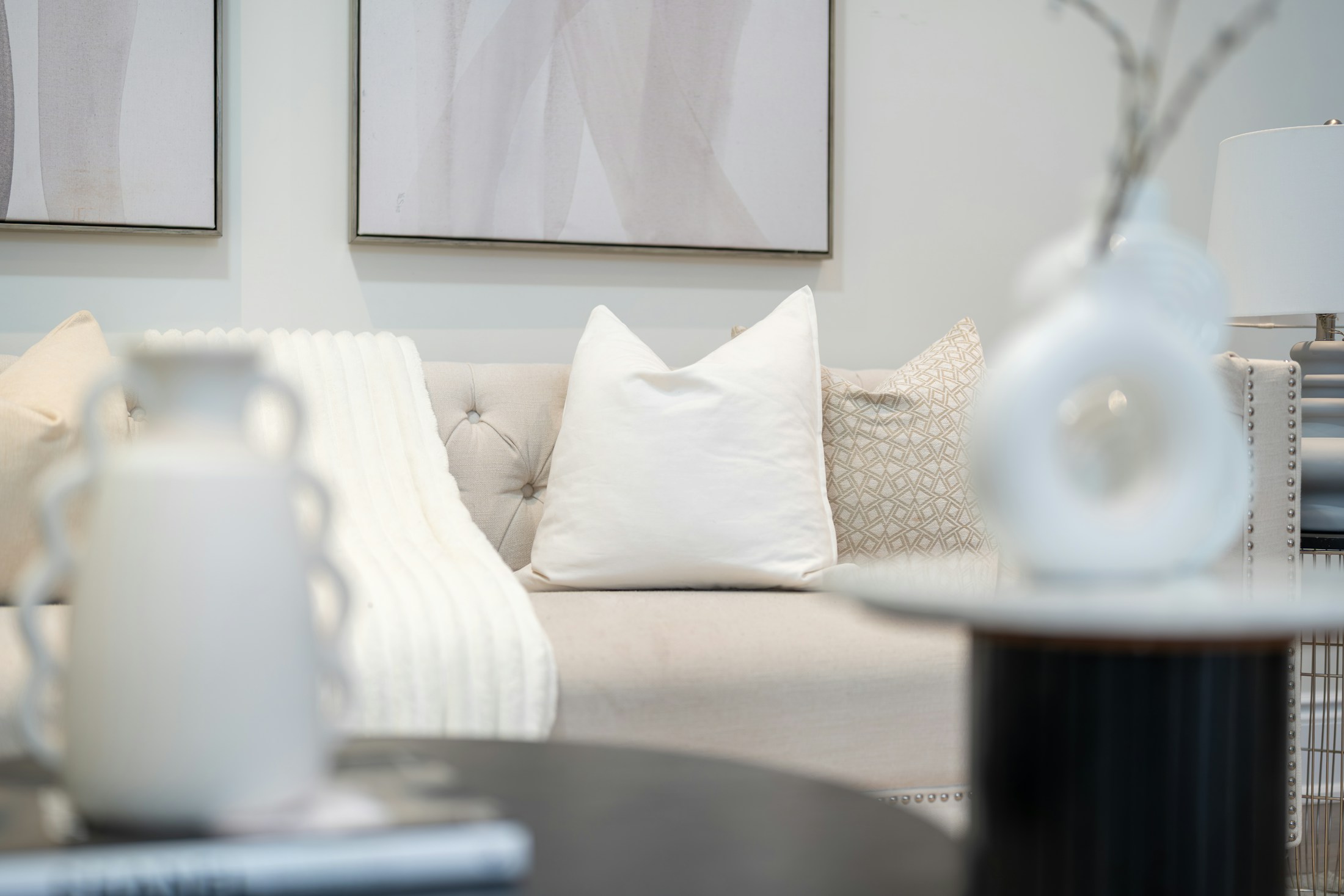 Elegant apartment living room with warm neutral interiors